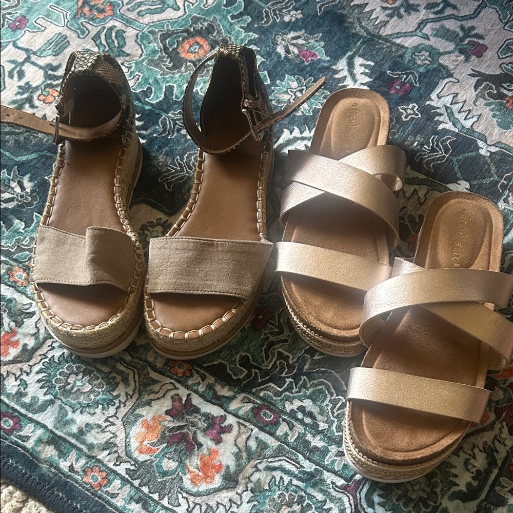 Altar'd State Metallic Rose Gold & Tan Espadrille Slide Sandals